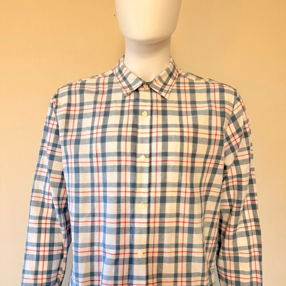 Banana Republic Mens Plaid Button Down Shirt Linen Cotton Blue White Red Size XL